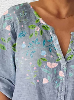 Plus Size Loose Casual Floral Half Open Collar Shirt