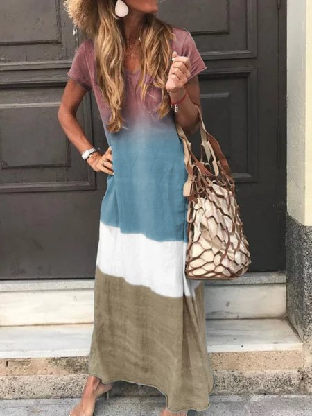 Plus Size Casual Loose Ombre V Neck Dress