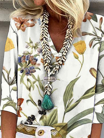 Floral Printed Casual V Neck Blouse