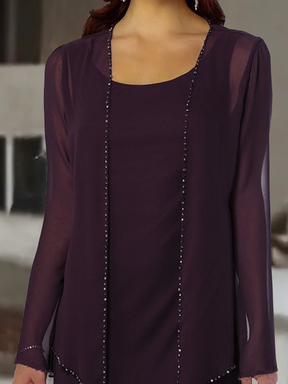 Casual Crew Neck Plain Chiffon Dress