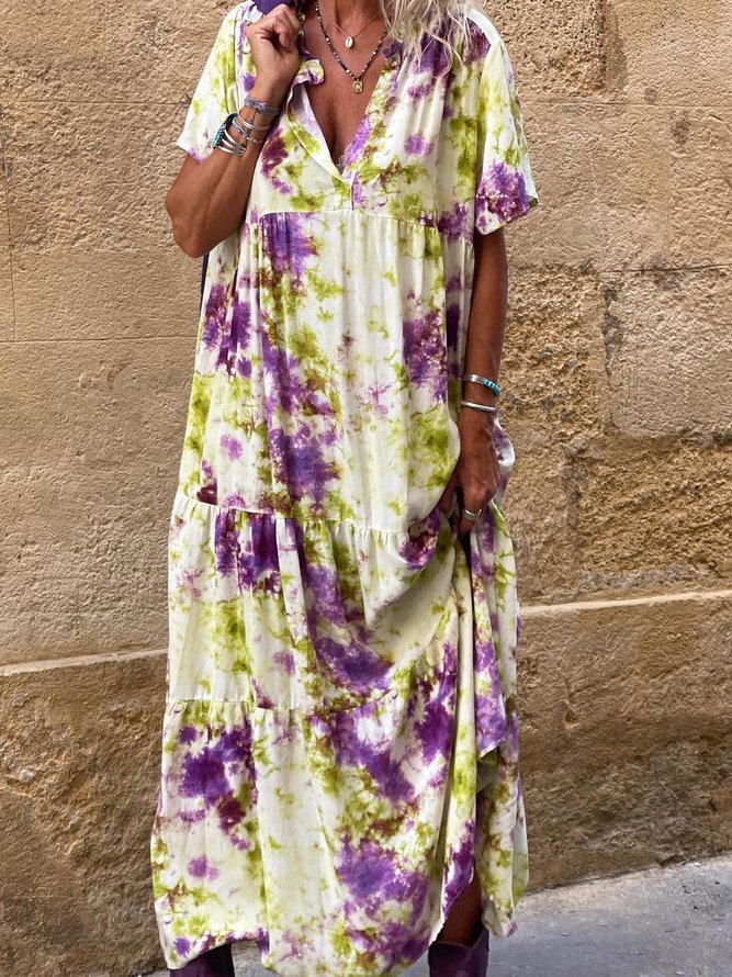 colorblock Tie-Dye Panel Short-Sleeve Dress