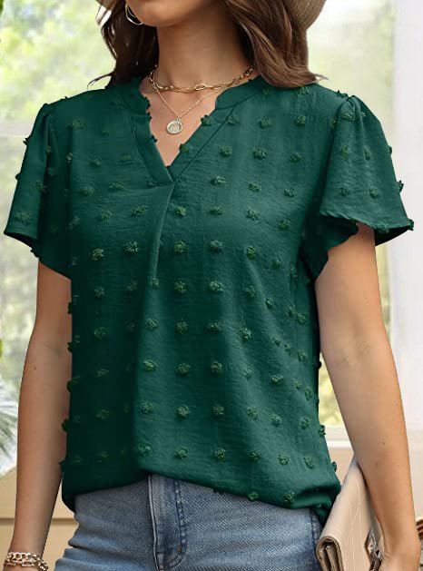 V Neck Short Sleeve Swiss Dot Top