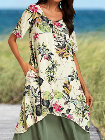Short Sleeve Buckle V Neck Vacation Mock Two-Piece Dress
