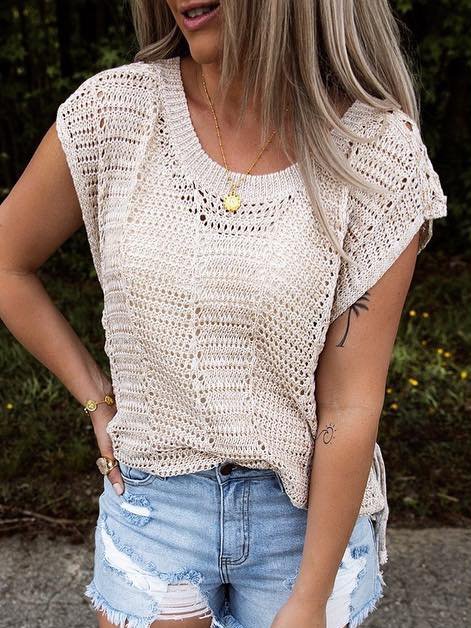 Knitted Hollow Tie Short Sleeve Top
