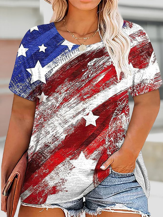 Plus Size Casual America Flag Crew Neck Loose T-Shirt