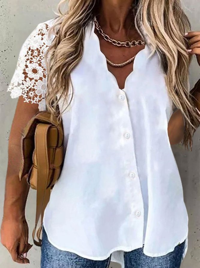 Plus Size Elegant Lace Plain Regular Fit Blouse