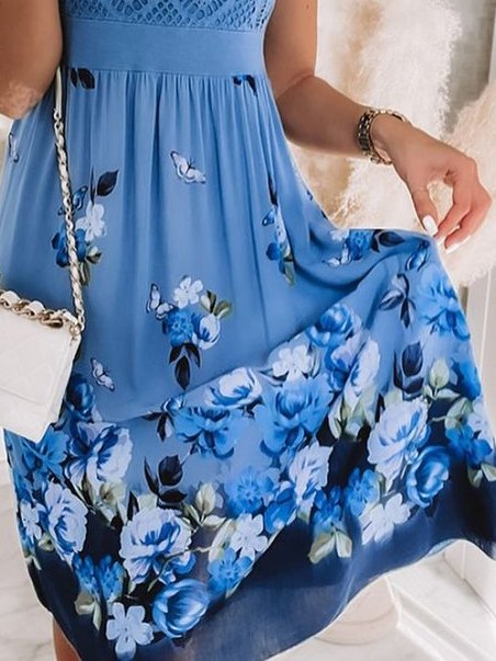 Lace-paneled high-waisted floral-print tank dress