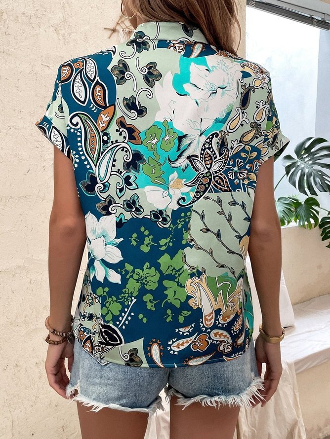 Casual Loose Green Floral V Neck Shirt