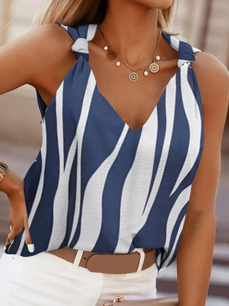 Plus Size Casual Knot Front Abstract Stripes V Neck Tank Top