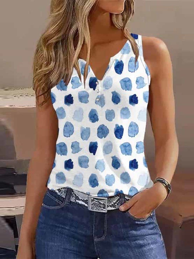 Plus Size Abstract Polka Dots Jersey Half Open Collar Casual Tank Top