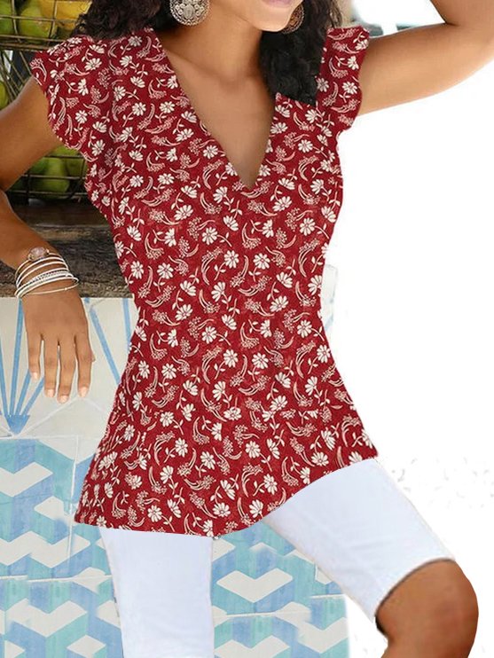 Casual Floral V Neck Loose Shirt