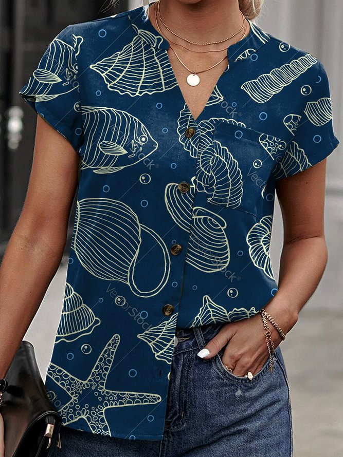 V Neck Printing Loose Casual Blouse