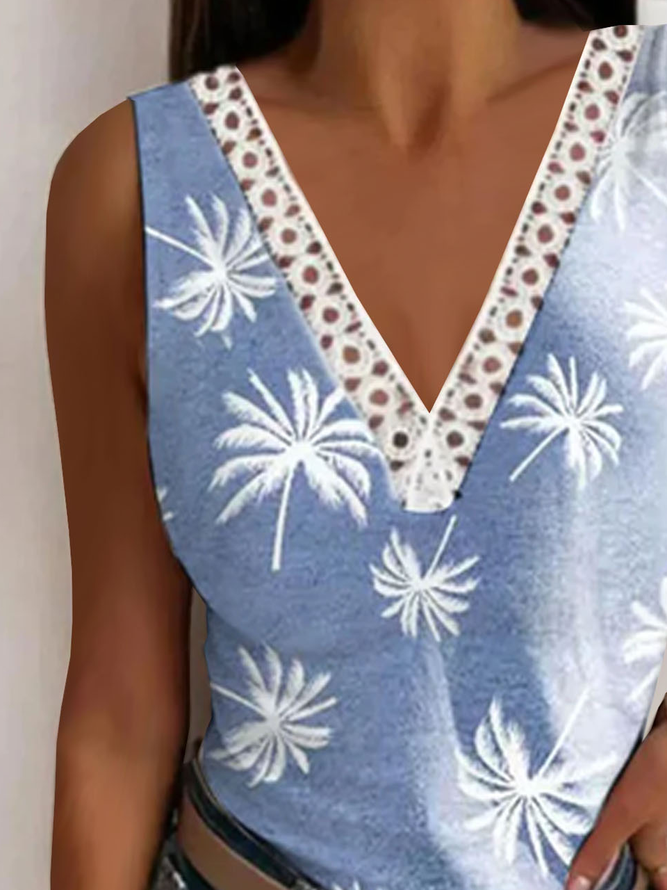 Coconut Tree Patchwork Lace Jersey Casual Tank Top