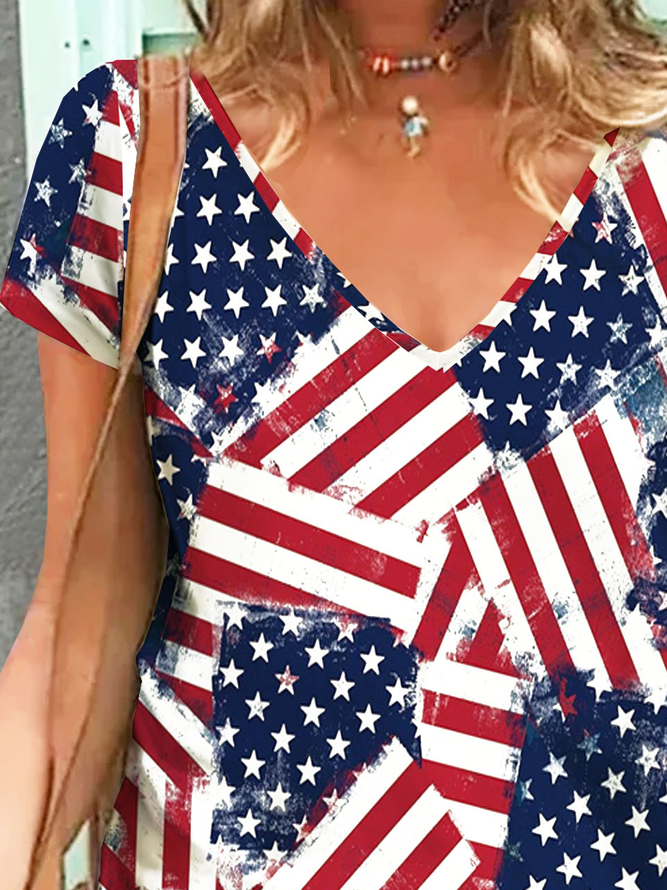 V Neck America Flag Printed Casual T-Shirt