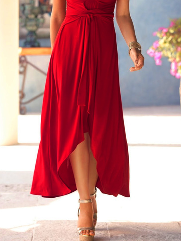 Plain Lace-Up Short Sleeve V Neck Casual Long Dress