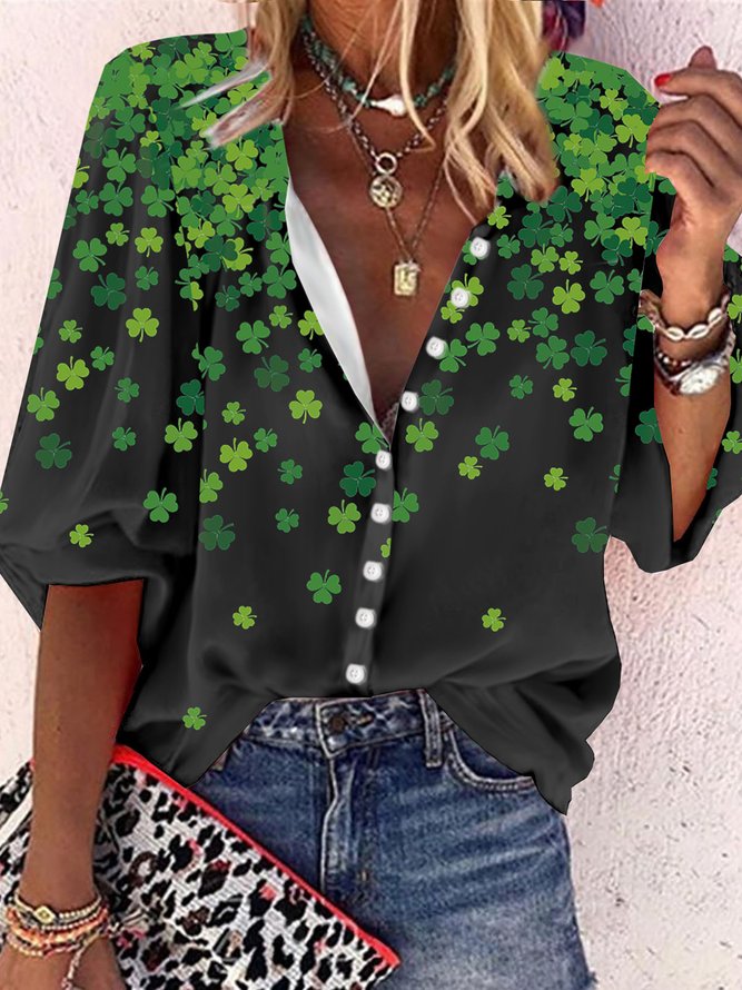 St. Patrick's Day Casual Four-Leaf Clover Printed Loose Blouse