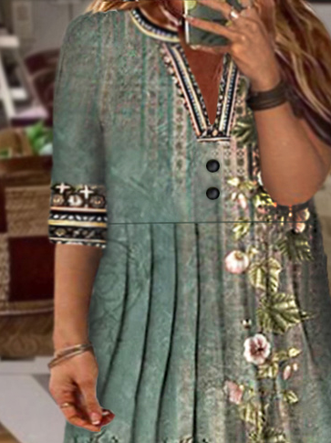 Plus Size Half Open Collar Casual Floral Dress