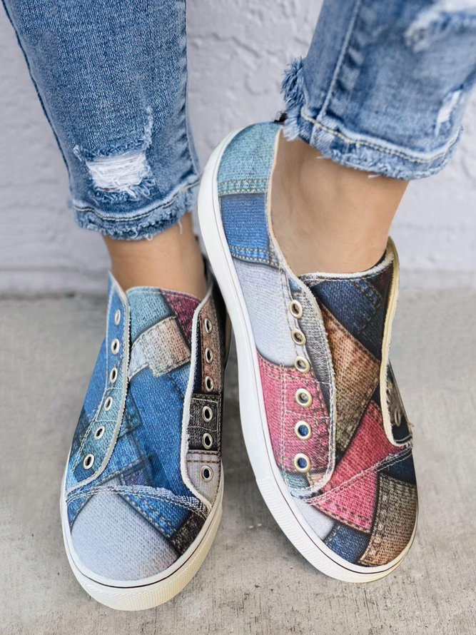 Women's Color Block Printing Slip On Canvas Shoes