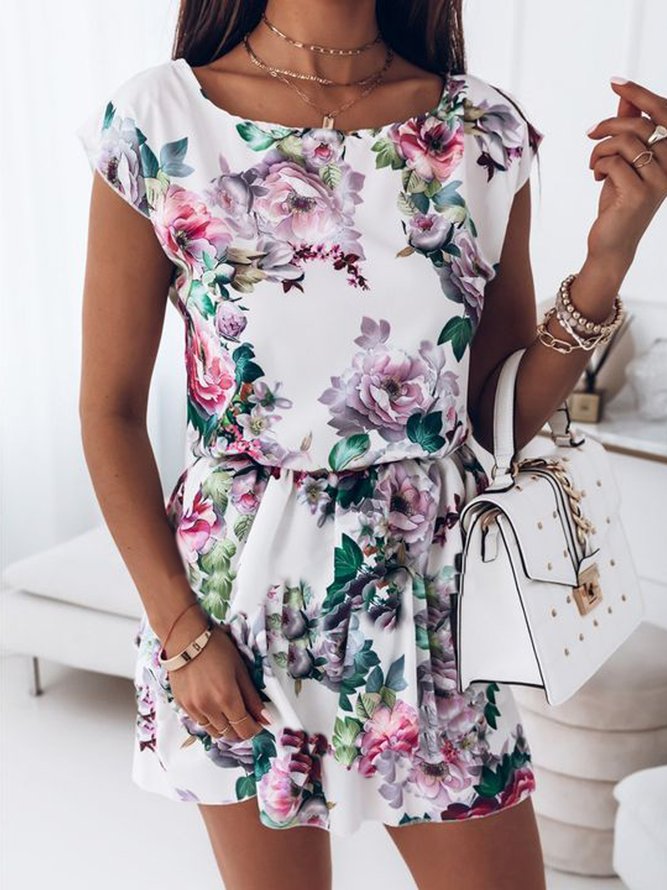 Red Floral Crew Neck Casual Loose Dress