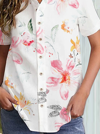 Shirt Collar Casual Floral Blouse