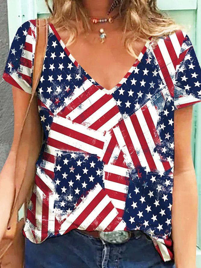 V Neck America Flag Printed Casual T-Shirt