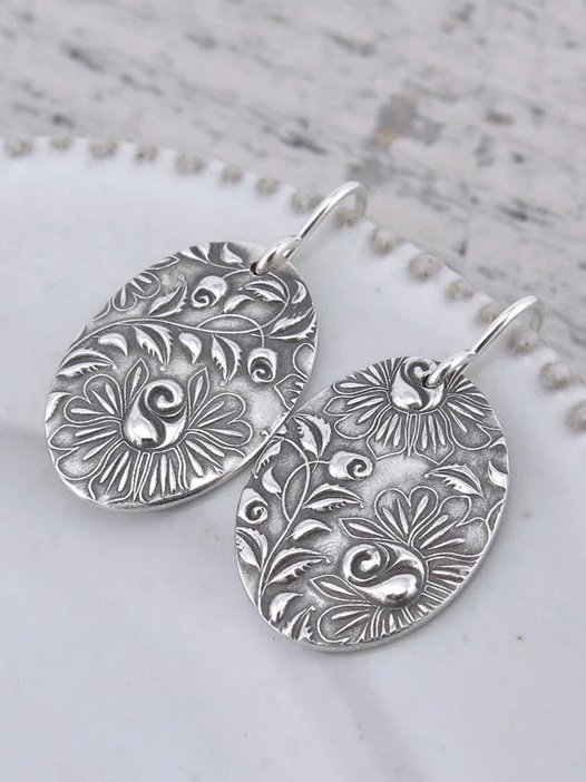 Vintage Silver Ethnic Floral Embossed Earrings Casual Women's Jewelry