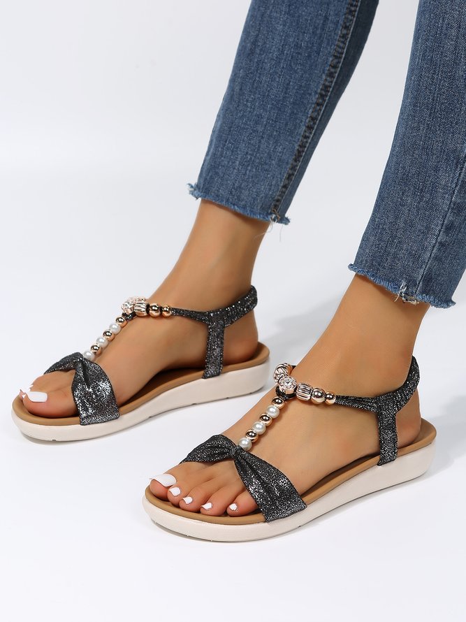 Bead Decor Glamorous Glitter T- Strap Sandals