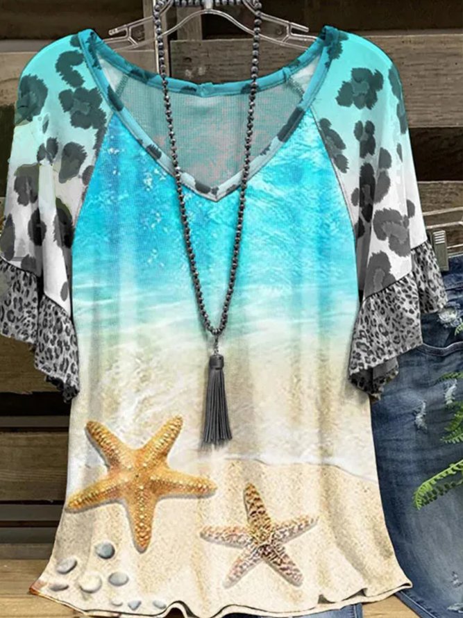 Plus Size Loose V Neck Vacation T-Shirt