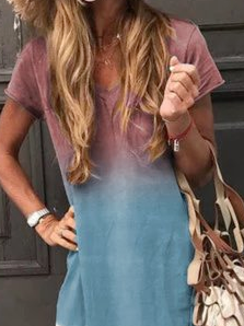 Plus Size Casual Loose Ombre V Neck Dress