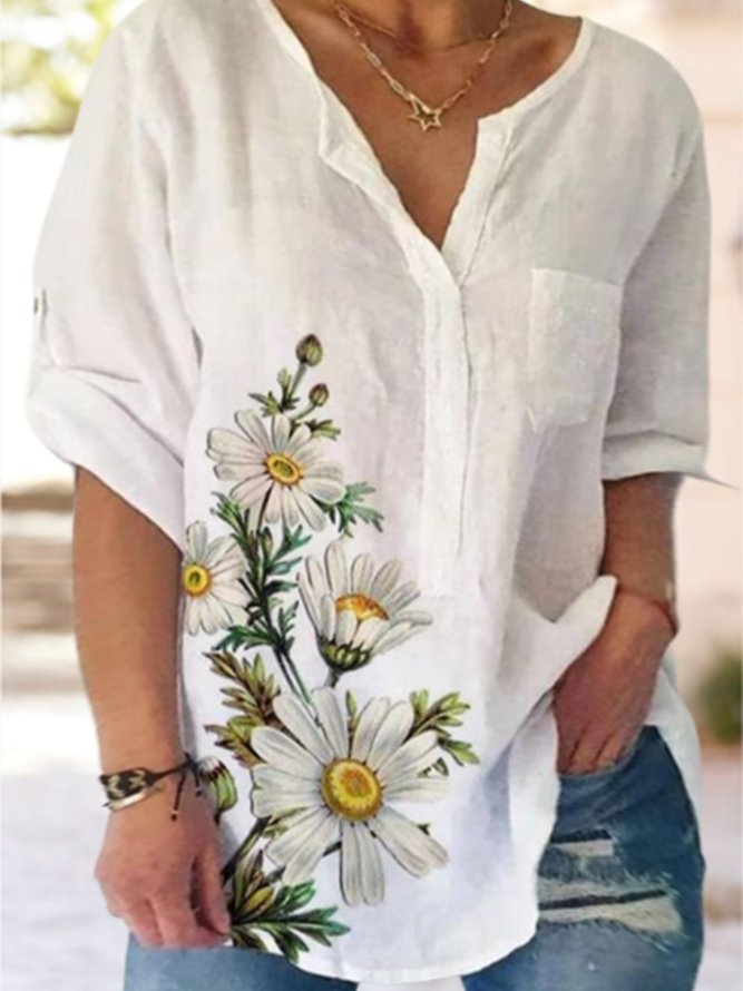 Plus Size Loose Casual White Floral Others Blouse