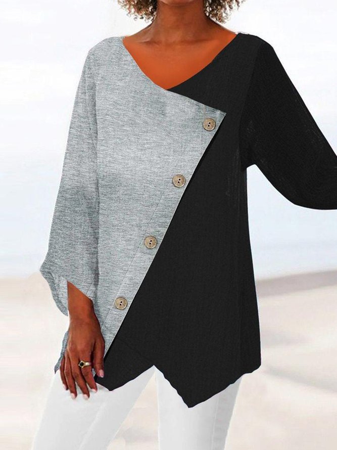 Color Block Casual Buckle V Neck Shirt