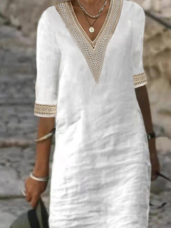 Plain Casual V Neck Cotton Dress