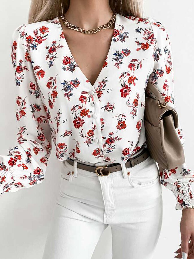 Regular Fit V Neck Casual Floral Blouse