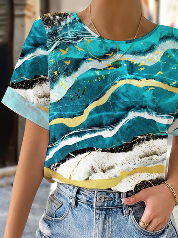 Casual Abstract Printed Crew Neck Loose Blouses