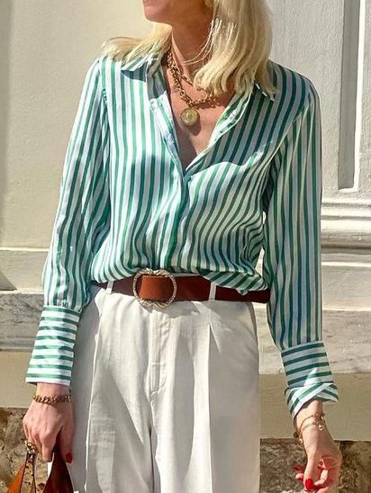 Striped Shirt Collar Casual Blouse