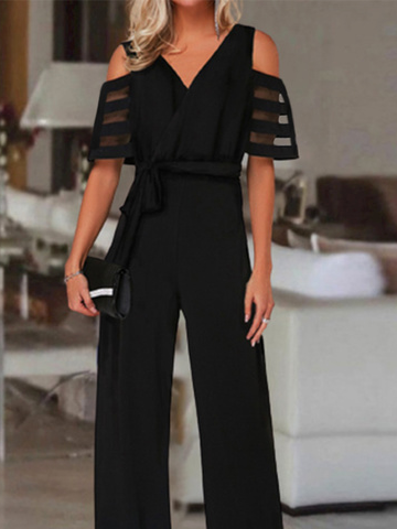 Plain Mesh Short Sleeve V Neck Lace-Up Casual Jumpsuit