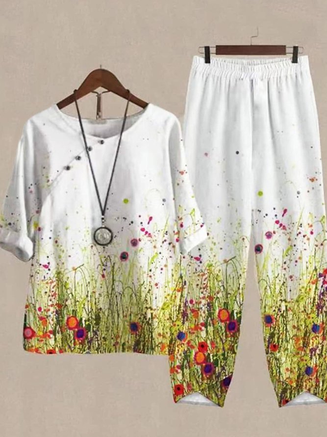 Casual Floral Cotton Buttoned Two-Piece Set