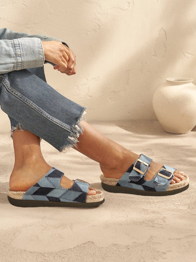 Blue Denim Color Block Buckle Decor Espadrille Slide Sandals