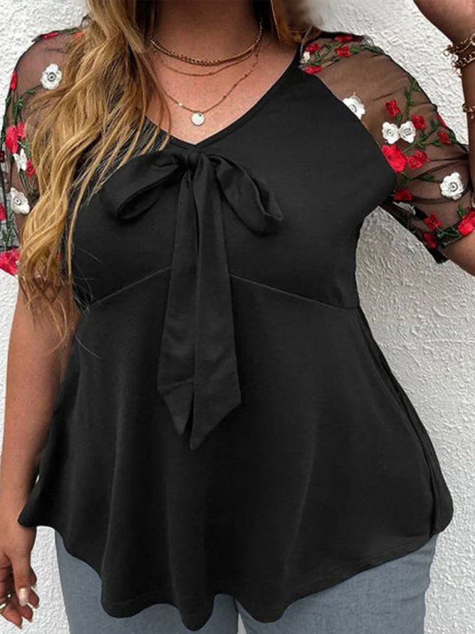 Plus Size Lace Elegant V Neck Regular Fit Shirt