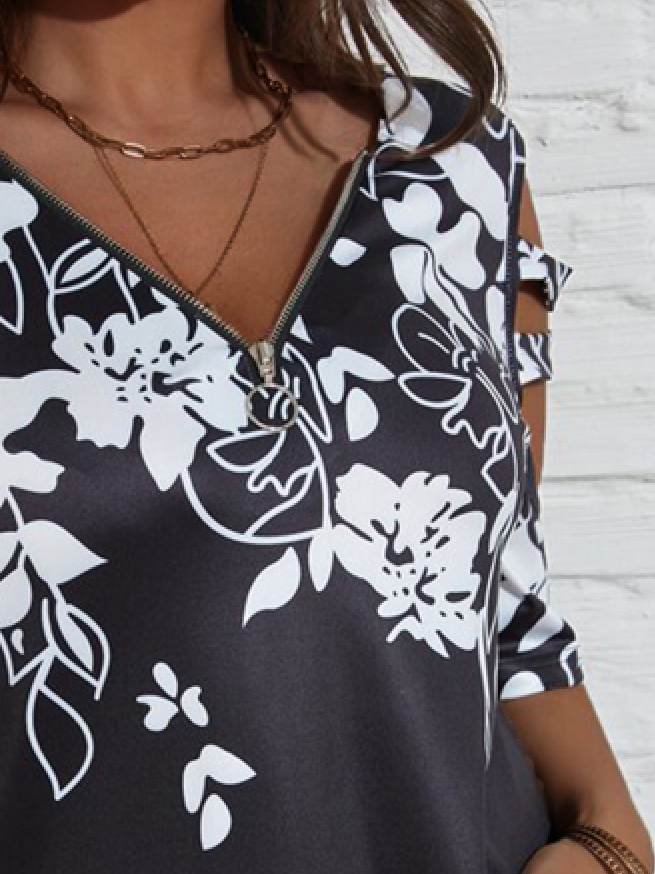 Plus Size Loose Half Open Collar Floral Casual T-Shirt