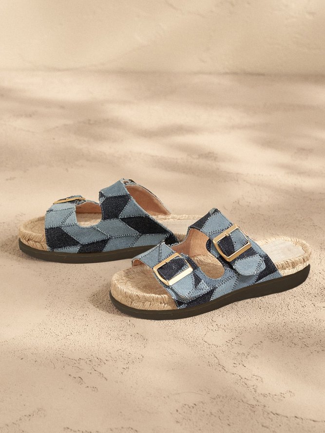 Blue Denim Color Block Buckle Decor Espadrille Slide Sandals