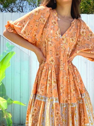 Notched Vacation Floral Loose Dress