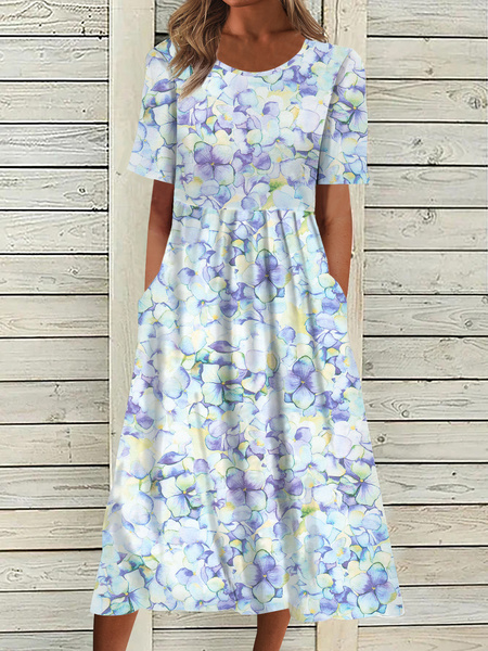 Plus Size Crew Neck Vacation Floral Dress