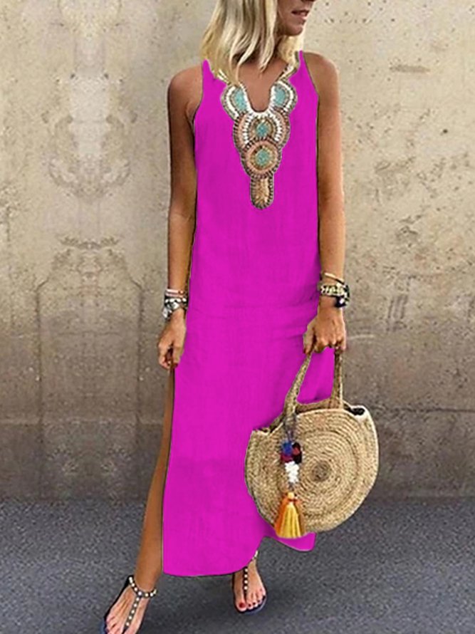 Loosen Vacation Linen Simple  Ethnic V Neck Short sleeve Woven Dress