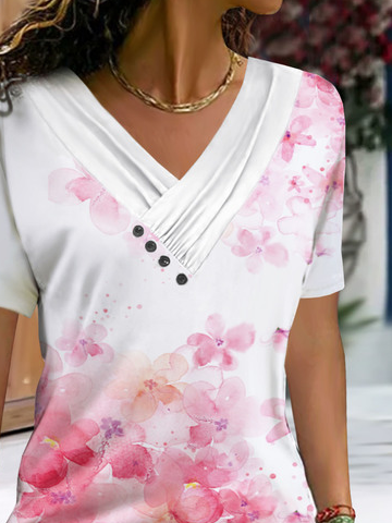 Floral Printed Casual Buckle Jersey Blouses
