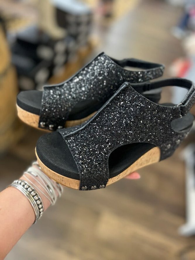 Glitter Hook and Loop Wedge Sandal