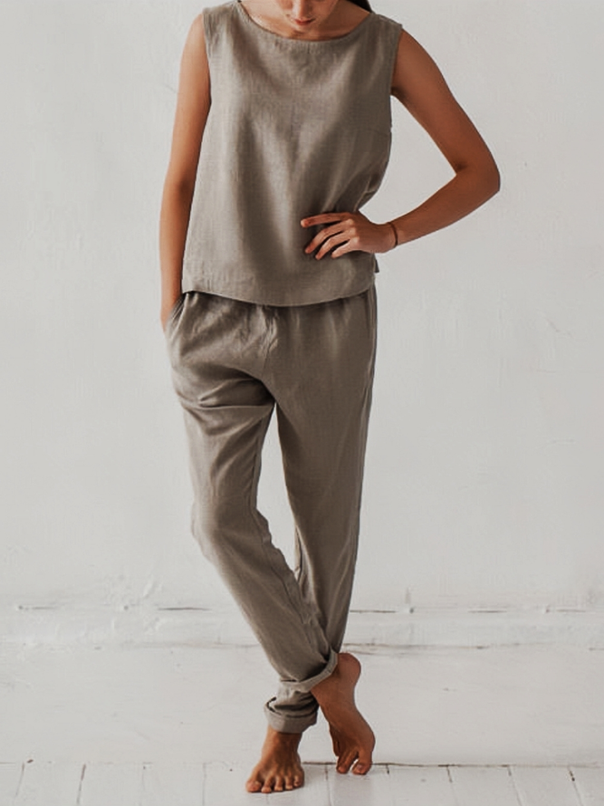 Casual Plain Sleeveless Crew Neck Top With Pockets Pants Two-Piece Set