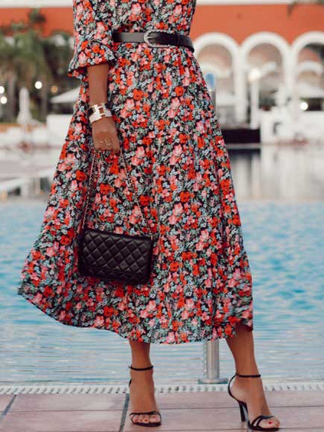 V Neck Disty Floral Vacation Dress