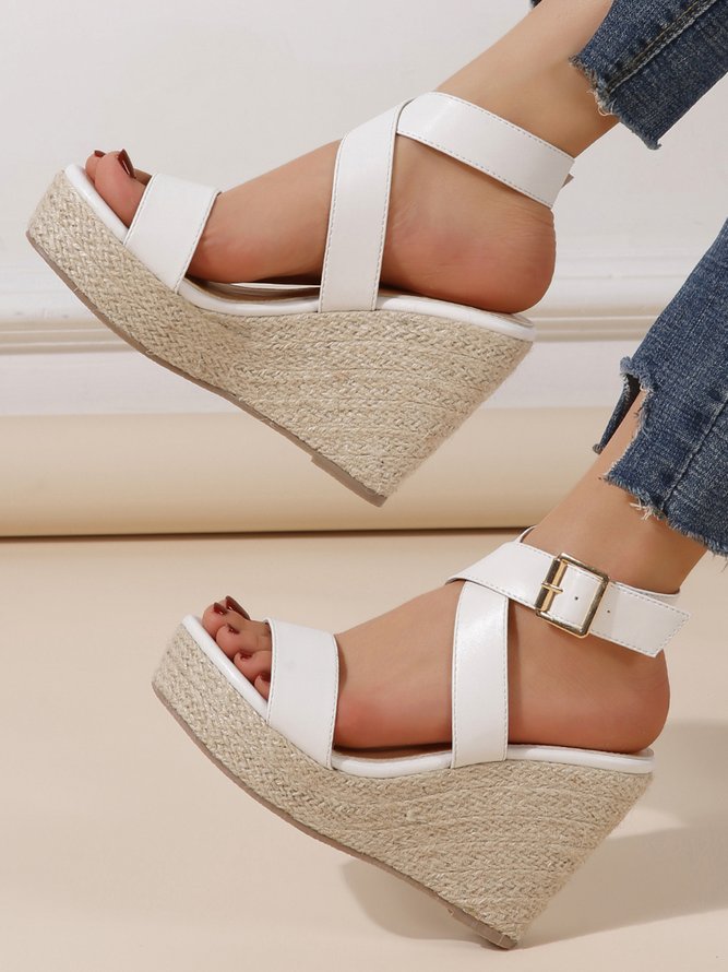 Thick Strap Cross Resort Straw Sole Wedge Sandals