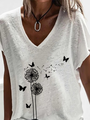 Dandelion Pattern Short Sleeve V Neck Casual T-Shirt